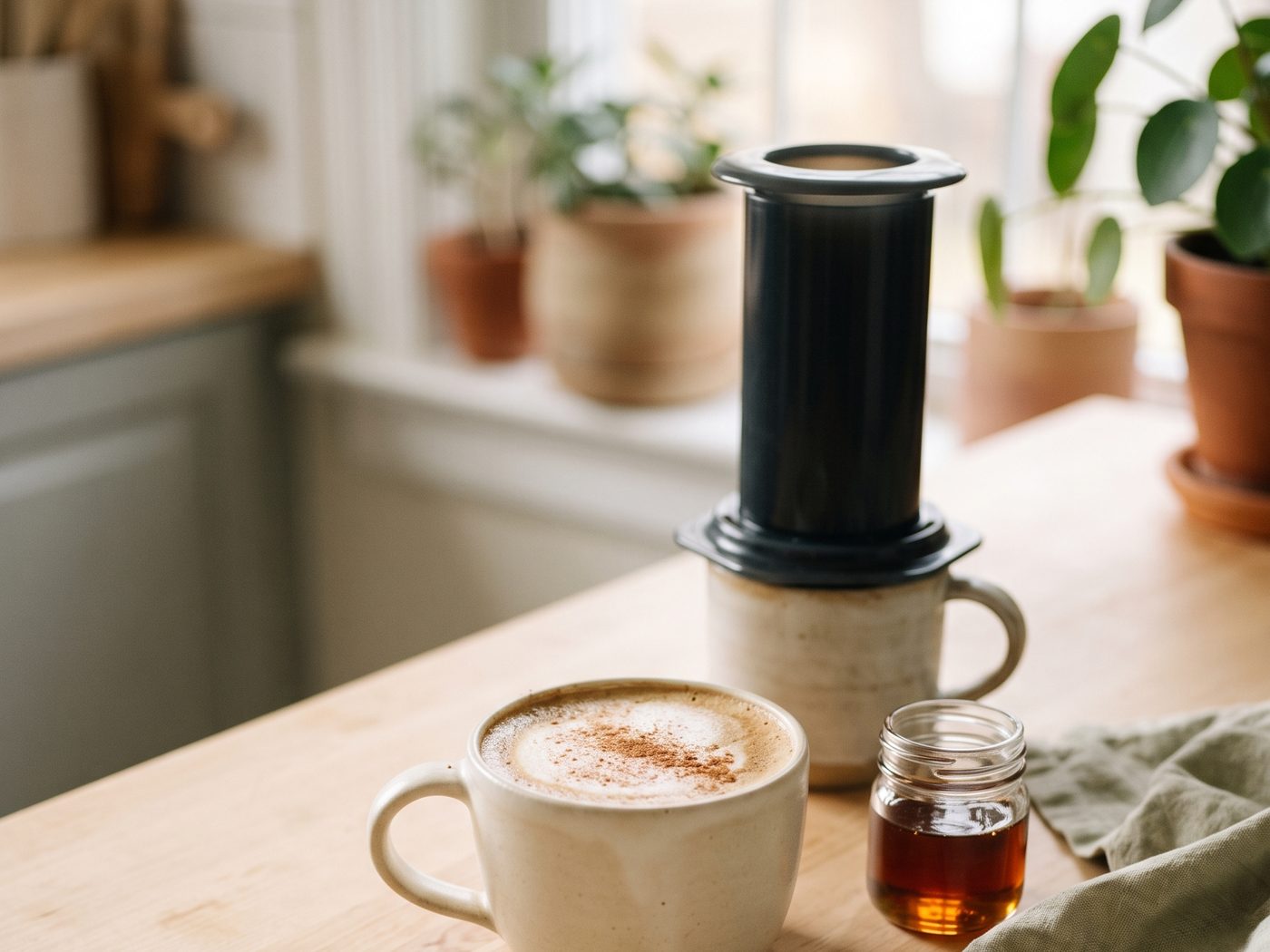 A mug of cinnamon-dusted latte in front of an AeroPress resting on a second mug, with a small jar of syrup.