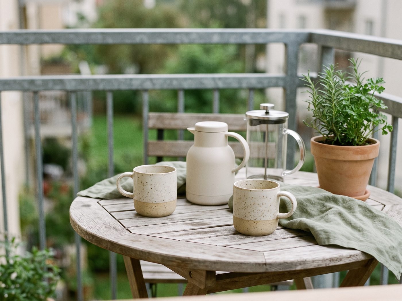 A round weathered bistro table on a balcony holding two mugs, a white insulated carafe, a glass French press and a potted herb, with a linen cloth.