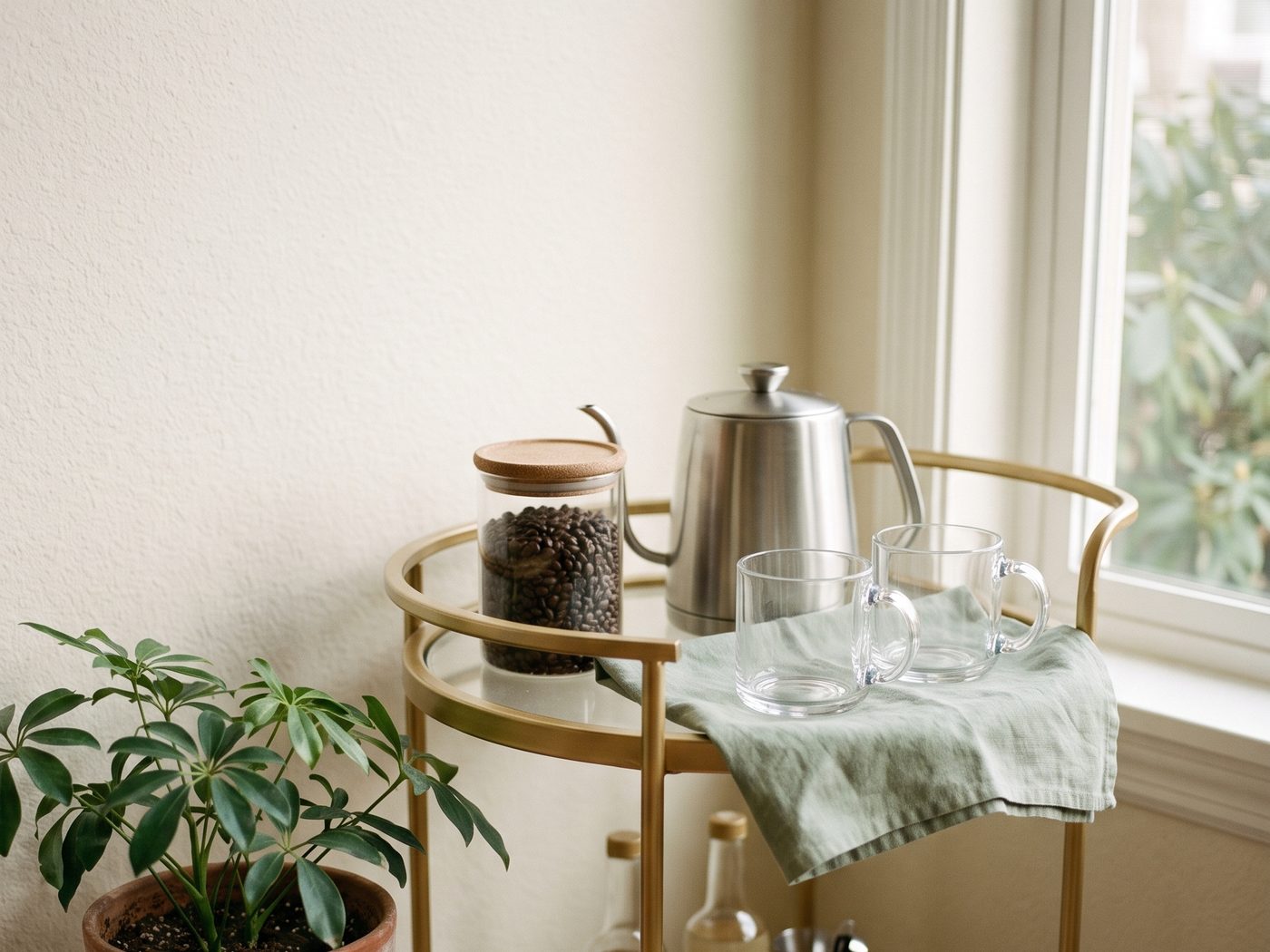 A small gold-rimmed bar cart by a window with a metal kettle, a jar of beans and two glass mugs on the top shelf, a linen cloth, and a leafy plant beside it.