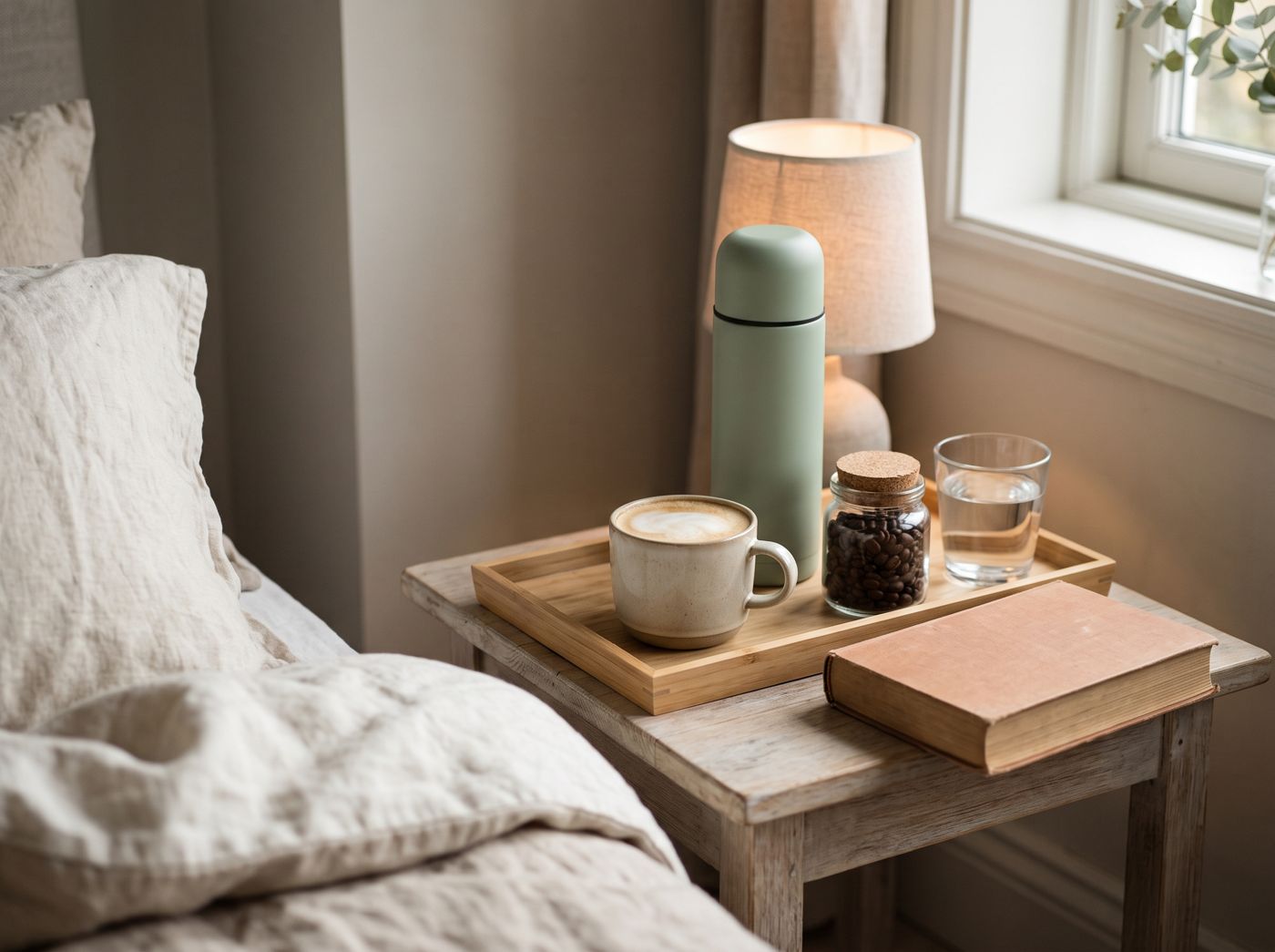A wooden tray on a bedside table with a latte, a sage green flask, a jar of coffee beans, a glass of water and a closed book next to a lamp and linen bedding.