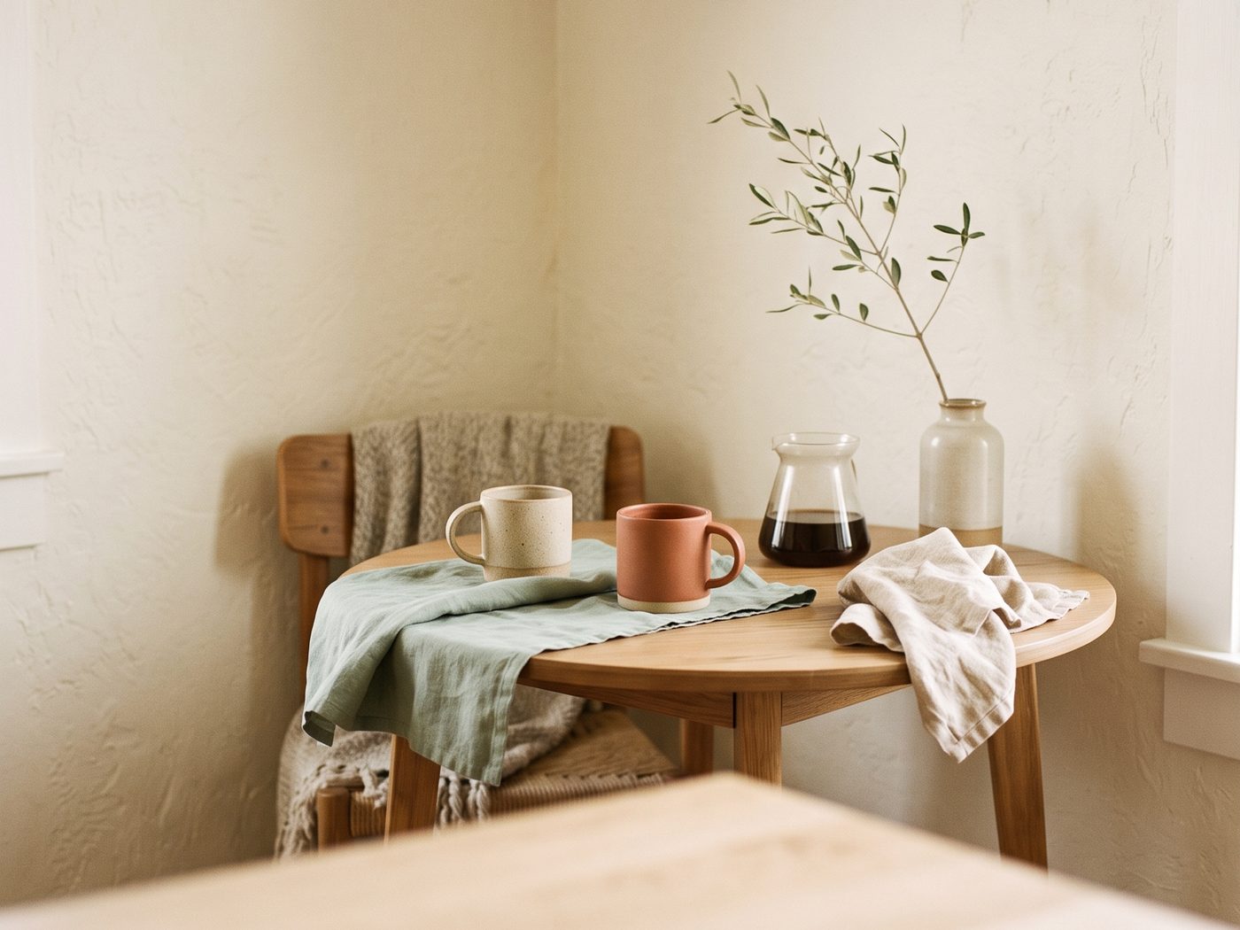 A small round wooden table in a bright corner of a room, set with two mugs, a small glass carafe, a bottle with an olive branch and a linen cloth, with a shelf above.