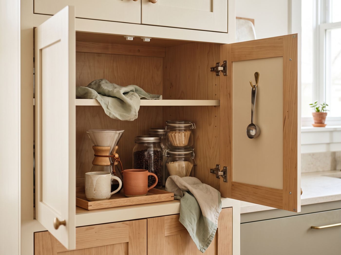 An open kitchen cabinet used as a coffee station, with a pour-over brewer, two mugs on a small tray, jars of beans and filters, and a measuring scoop hanging on the door.