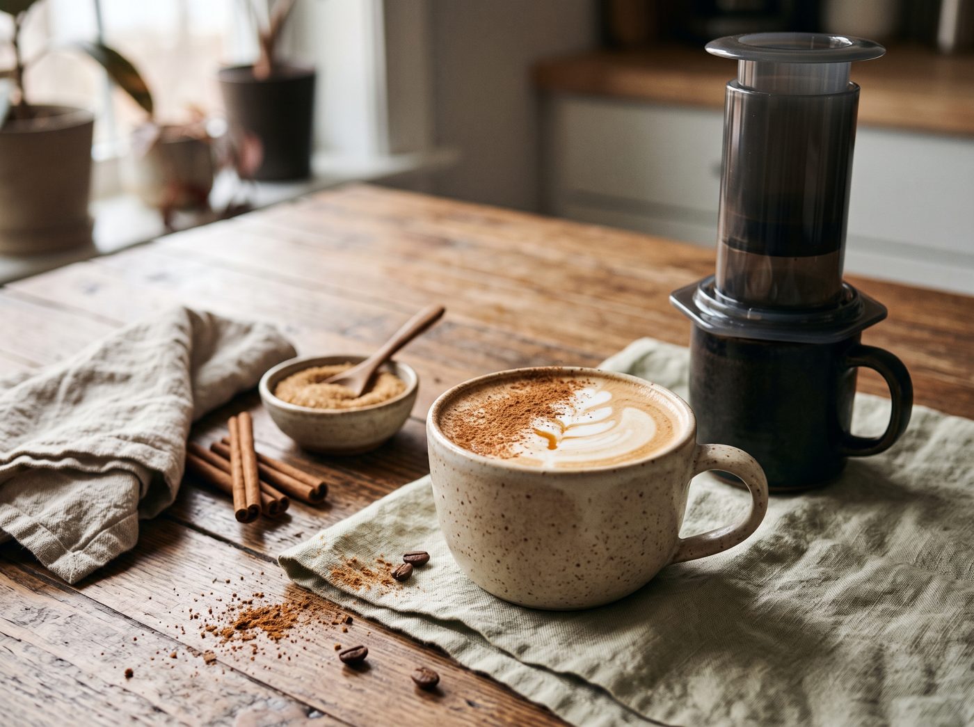A speckled mug of cinnamon dolce latte with a leaf pattern and cinnamon dusting beside an AeroPress, cinnamon sticks and a bowl of brown sugar.