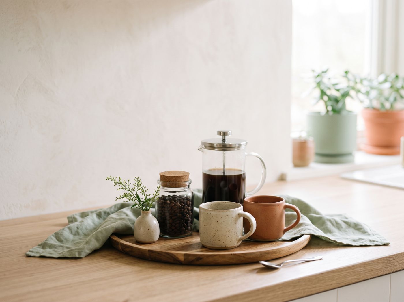 A round wooden tray on a kitchen counter holding a French press, a jar of beans, two mugs and a small bud vase.