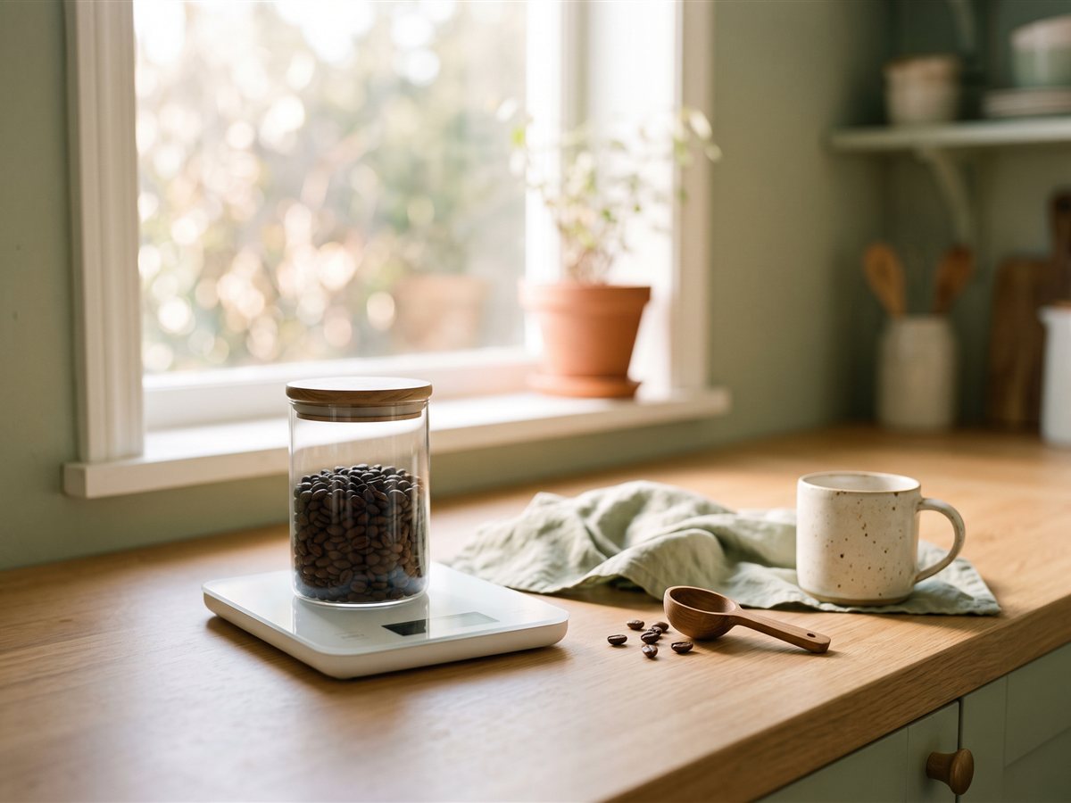 A white digital kitchen scale holding a glass jar of coffee beans with a wooden lid, beside a speckled mug and a wooden scoop on a counter by a window.