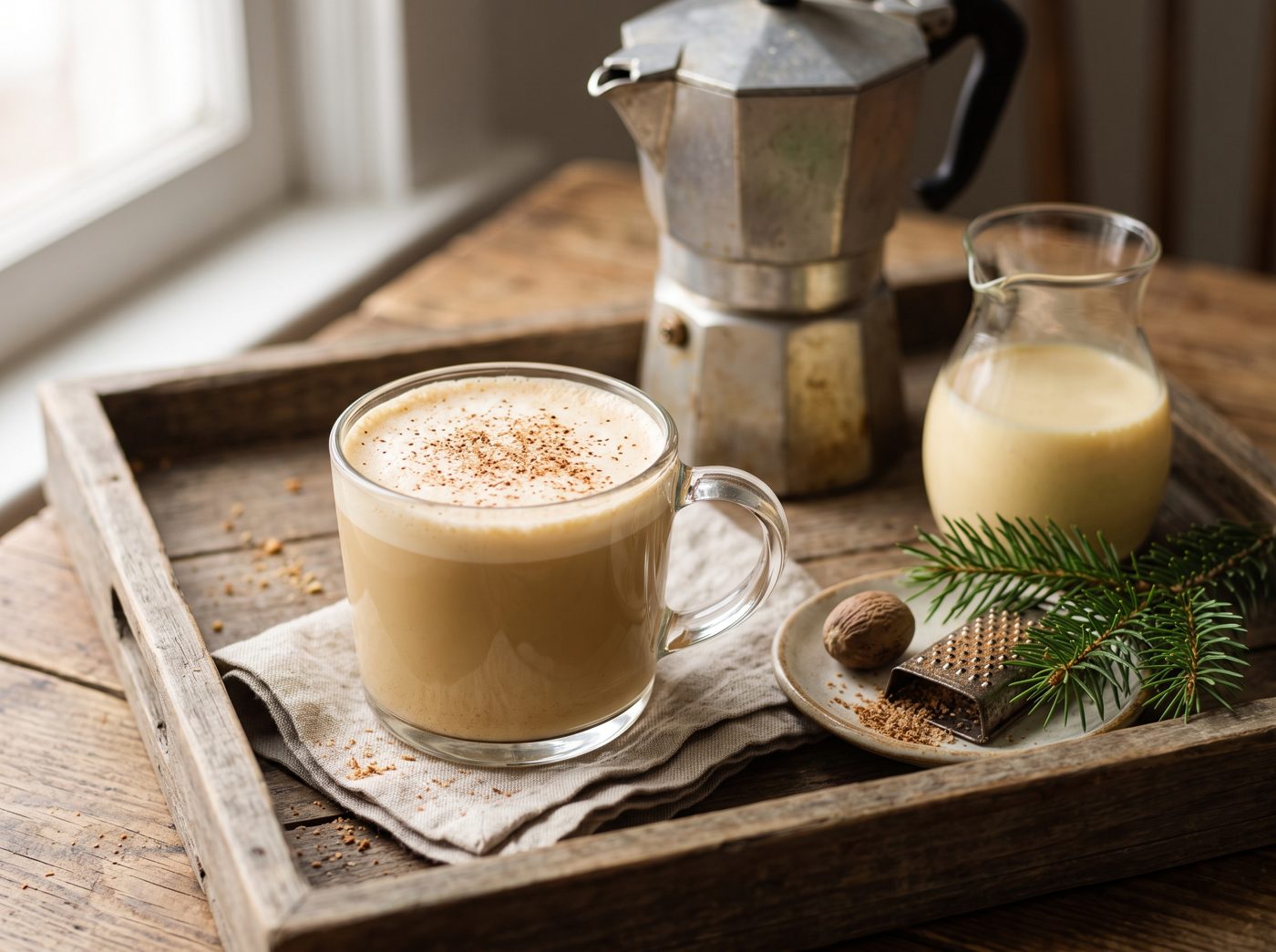 A glass mug of eggnog latte dusted with nutmeg on a rustic tray beside a moka pot, a pitcher of eggnog, a whole nutmeg with grater and a pine sprig.