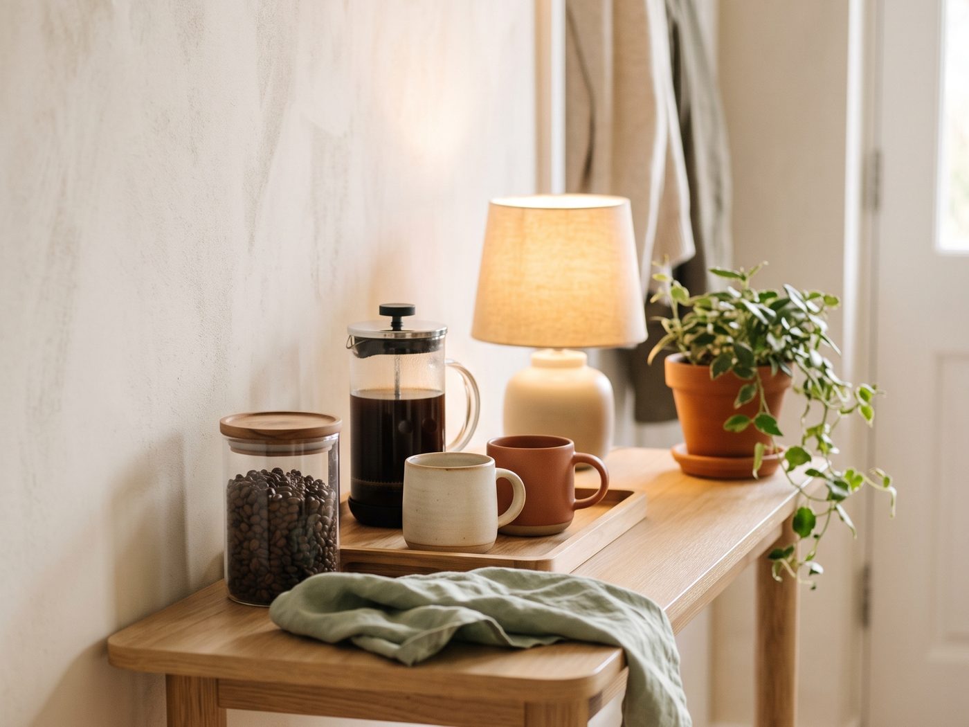 A narrow wooden console table with a tray holding a French press, mugs and a jar of beans, a lamp, a small potted plant and a linen cloth.