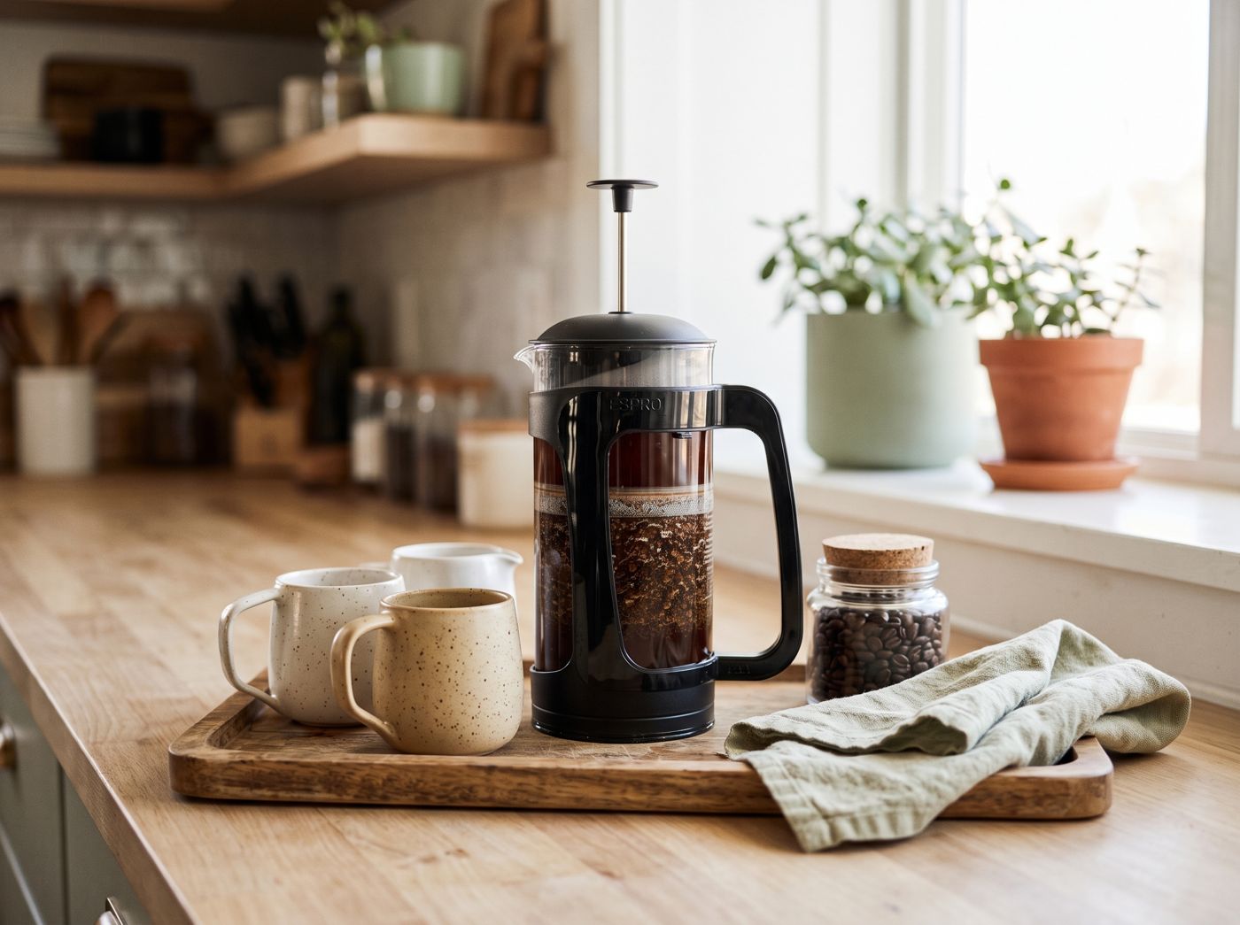 A black ESPRO French press with a plunger, filled with coffee, on a wooden tray with two speckled mugs and a glass jar of beans.
