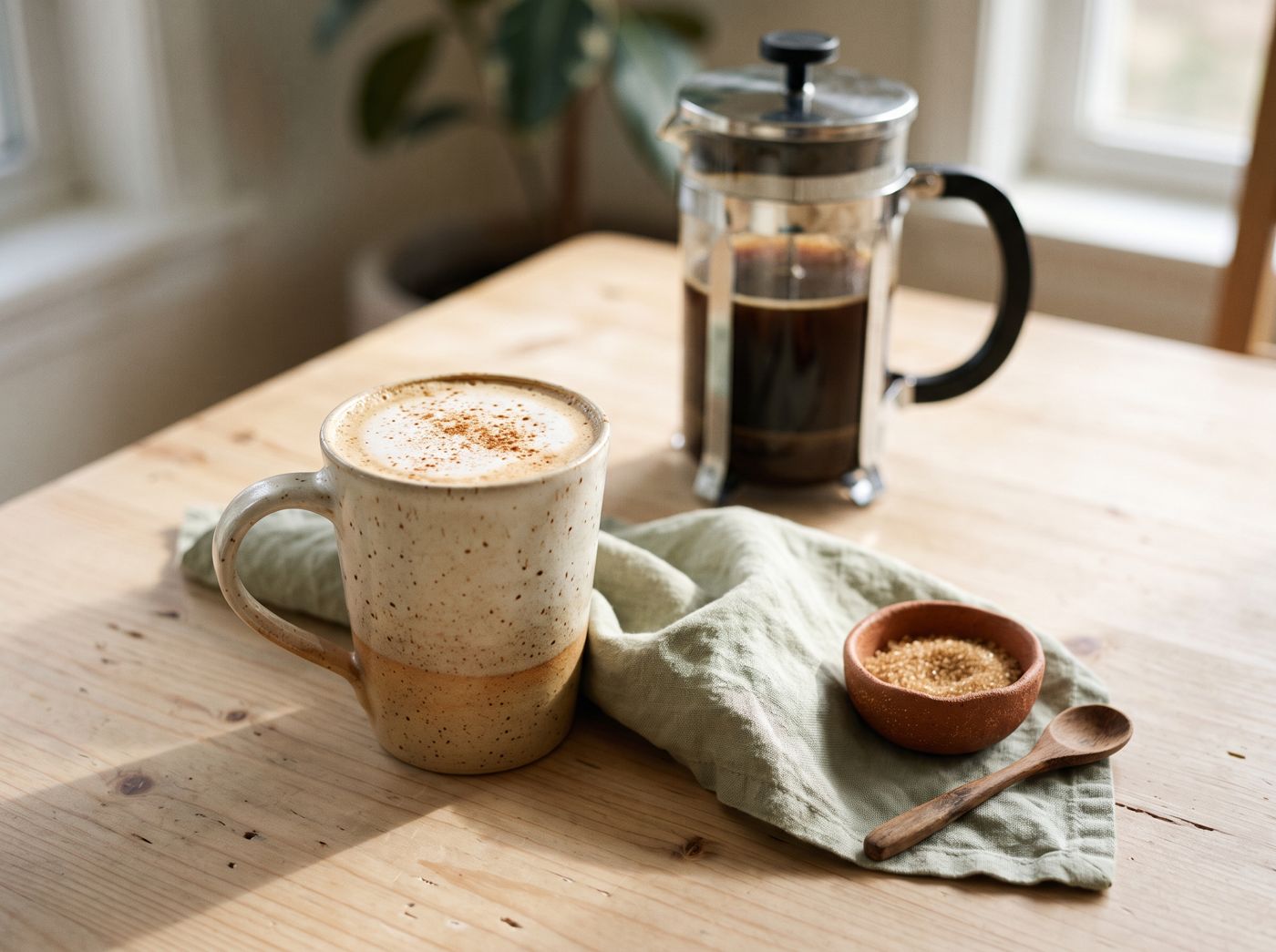 A frothy latte dusted with cinnamon in a speckled ceramic mug, with a small clay dish of brown sugar, a wooden spoon and a French press on a light wood table.