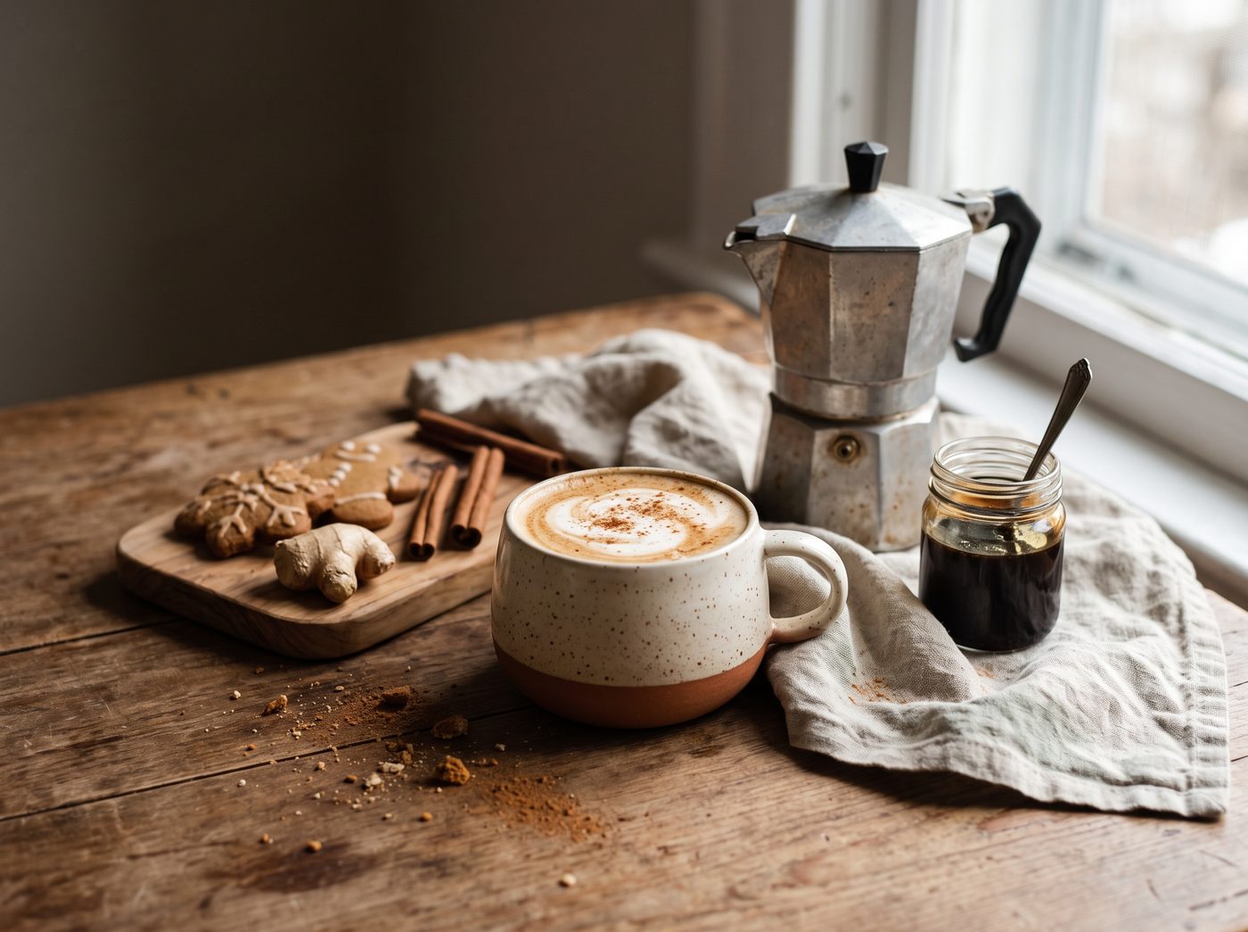 A mug of gingerbread latte dusted with cinnamon beside a moka pot, a jar of molasses, cinnamon sticks, fresh ginger and gingerbread cookies on a linen cloth and wooden board.