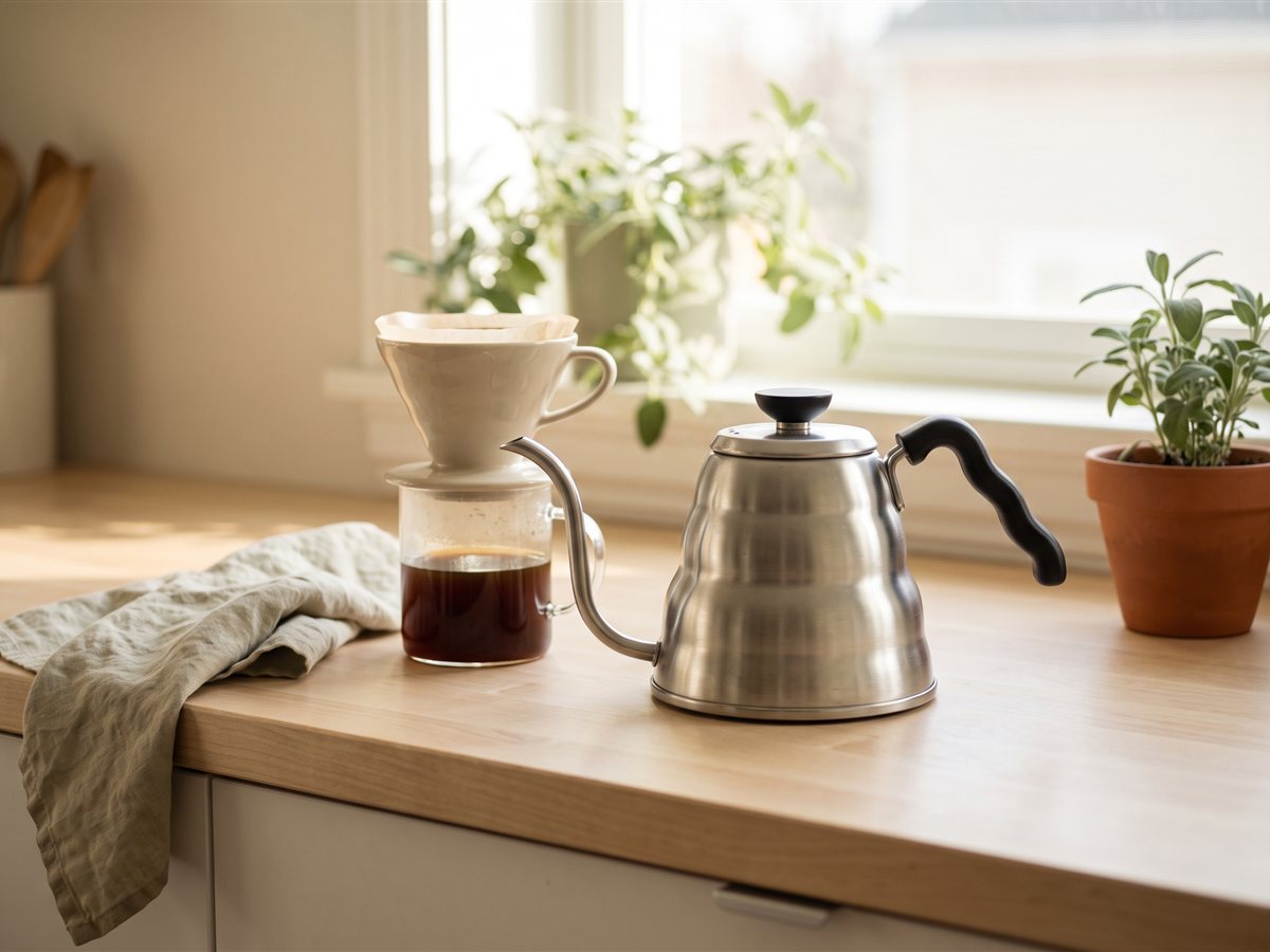 A stainless-steel gooseneck kettle with a black handle next to a white ceramic pour-over dripper over a glass server of coffee on a kitchen counter.