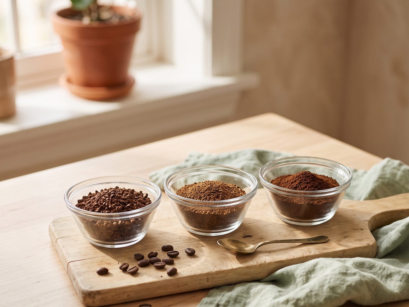 Three small glass bowls of ground coffee in a row on a wooden board, from coarse on the left to fine on the right, with a small spoon and a few beans.