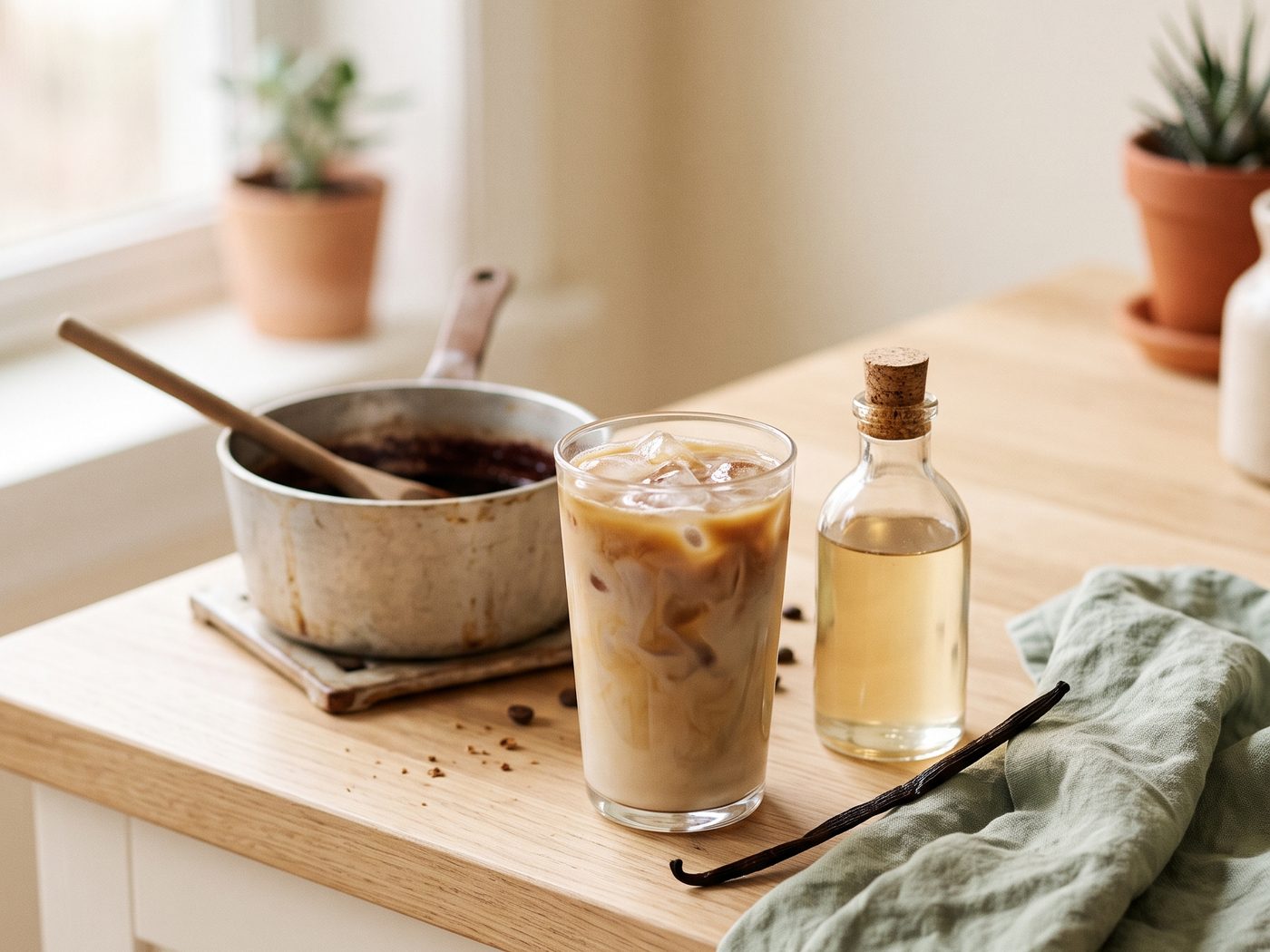 A glass of iced latte beside a small corked bottle of syrup and a vanilla pod, with a small saucepan and wooden spoon in the background.