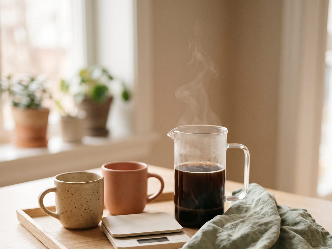 A glass French press carafe of coffee beside a small kitchen scale and two ceramic mugs on a wooden tray with a linen cloth.