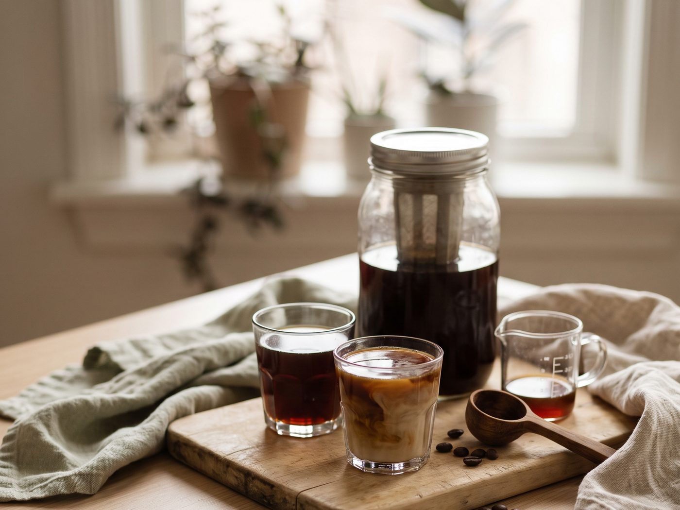 A glass jar of dark cold brew with a mesh filter, two small glasses of coffee and a coffee scoop on a wooden board.