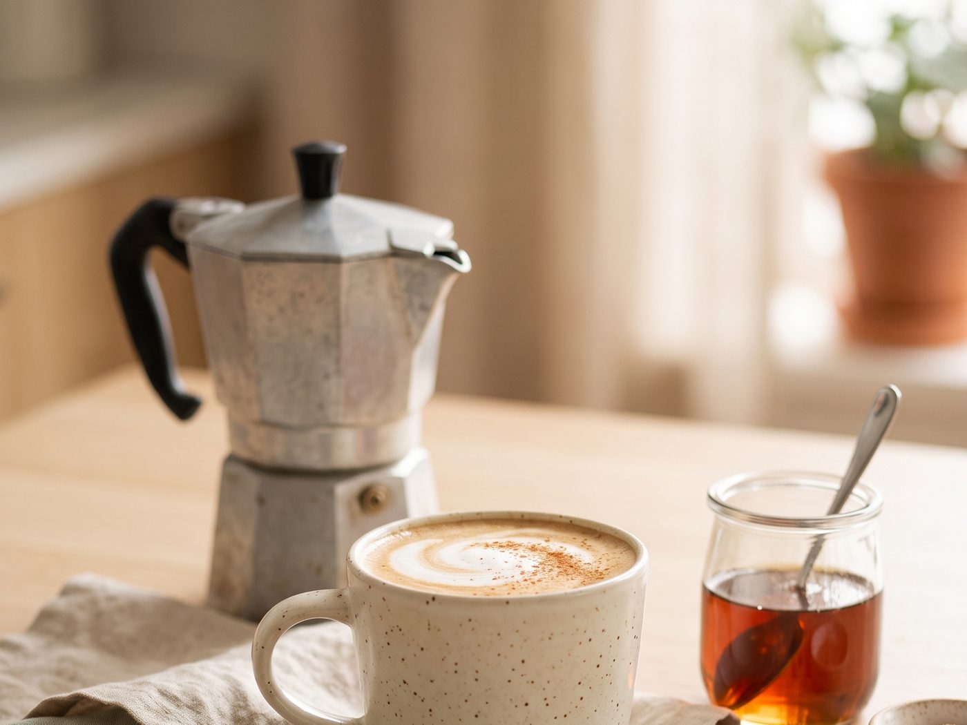 A mug of latte with foam beside a stovetop moka pot and a small jar of maple syrup with a spoon.
