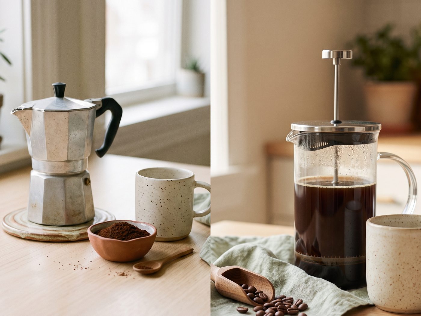 A stovetop moka pot with a ceramic mug and a small bowl of ground coffee on the left, and a glass French press with dark coffee, a scoop and coffee beans on a linen cloth on the right.