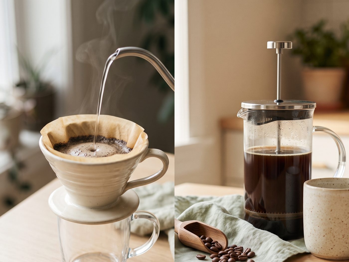 A ceramic pour-over dripper with a thin stream of water from a gooseneck kettle on the left, and a glass French press of dark coffee with a mug on the right.