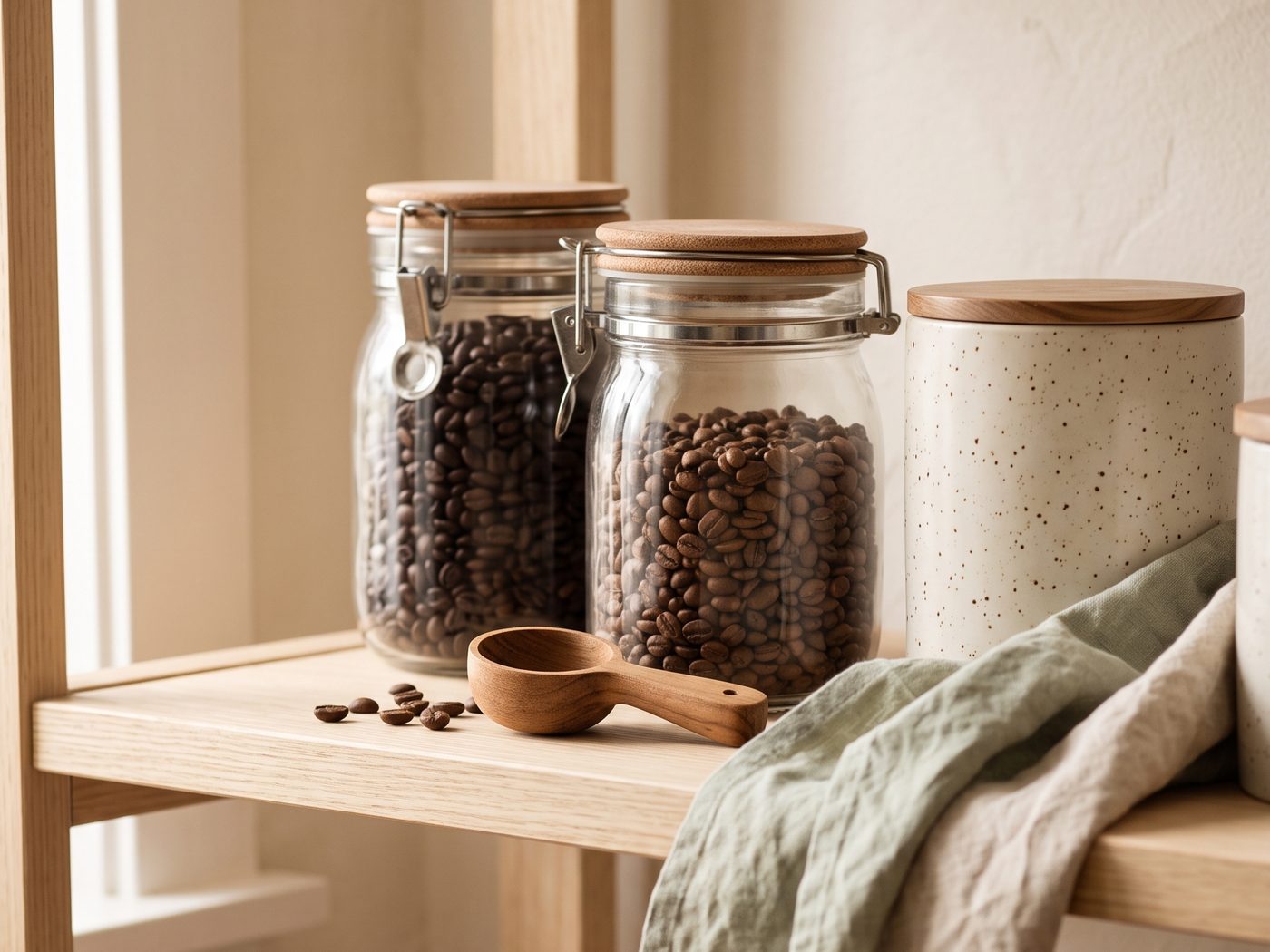 Glass jars with beans and a ceramic canister on a light wooden shelf, with a wooden scoop and a few beans scattered beside them.