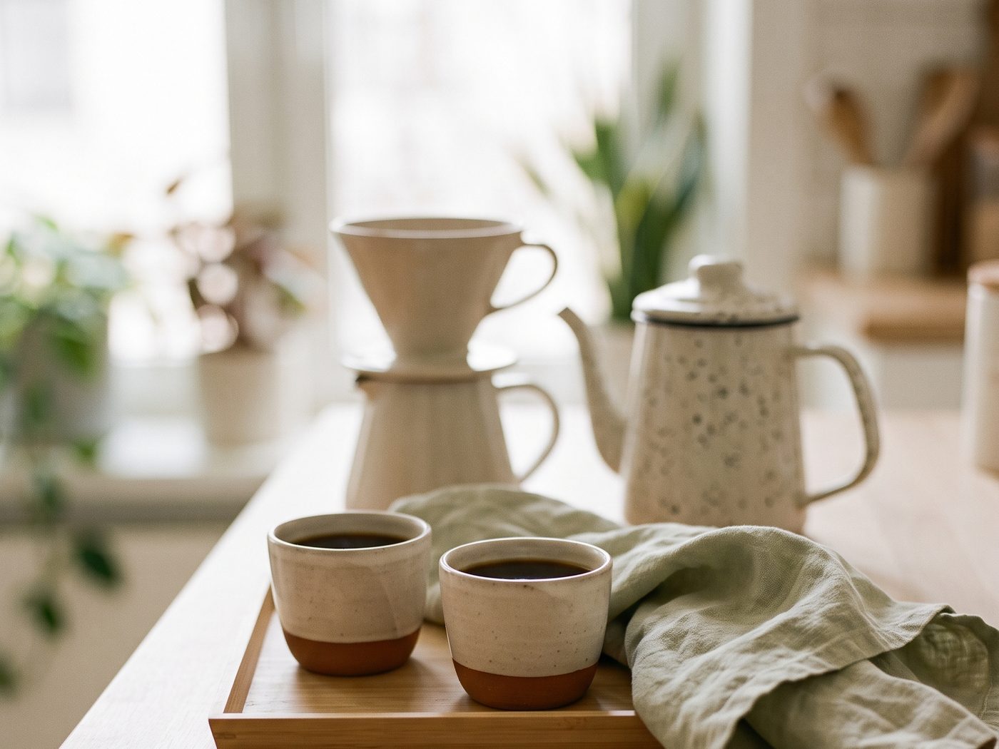 Two small ceramic cups of coffee side by side on a wooden tray, with a ceramic pour-over dripper and a speckled kettle out of focus behind.