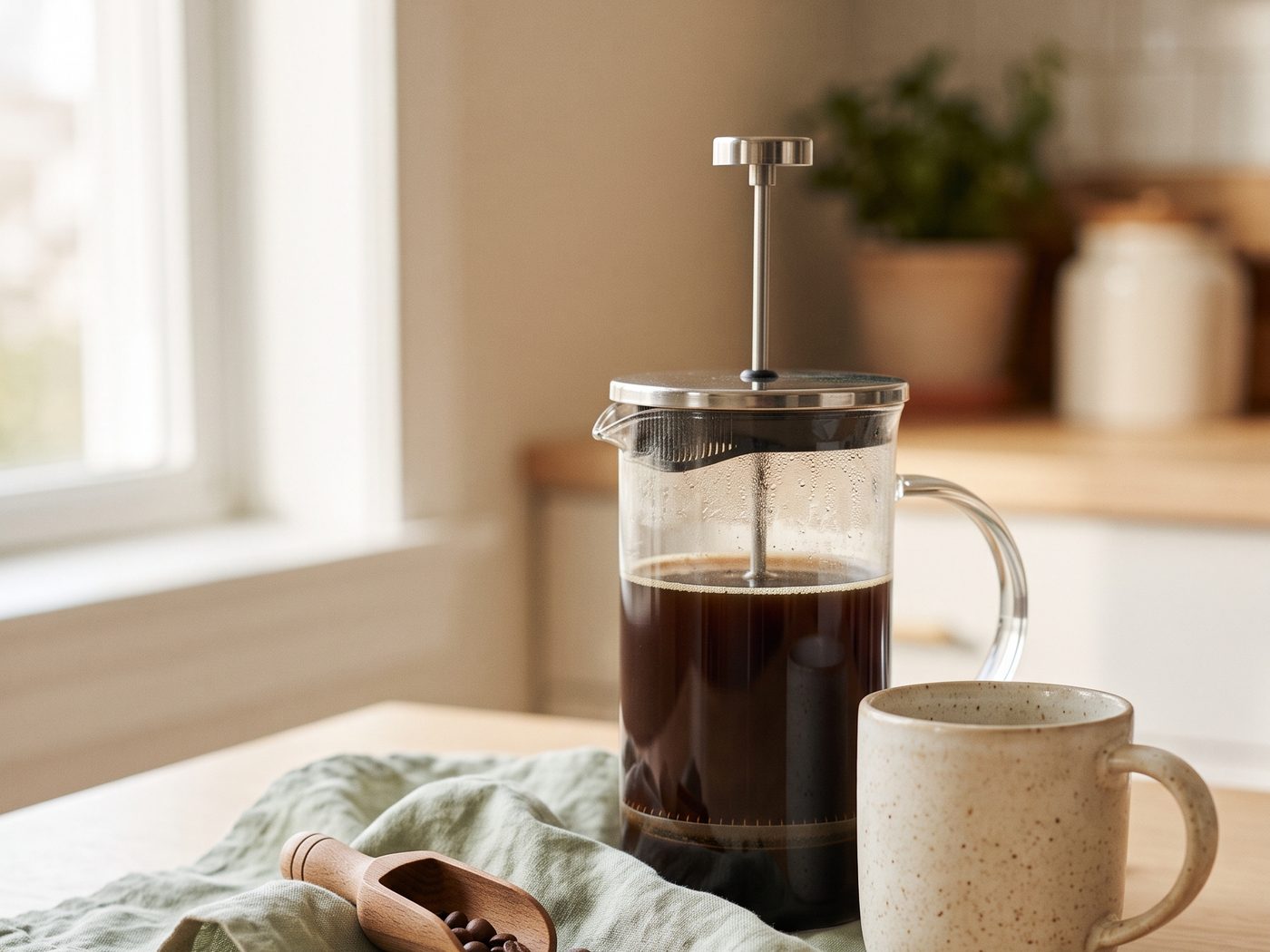 A glass French press with fresh coffee beside a ceramic mug and a small wooden scoop on a linen cloth.