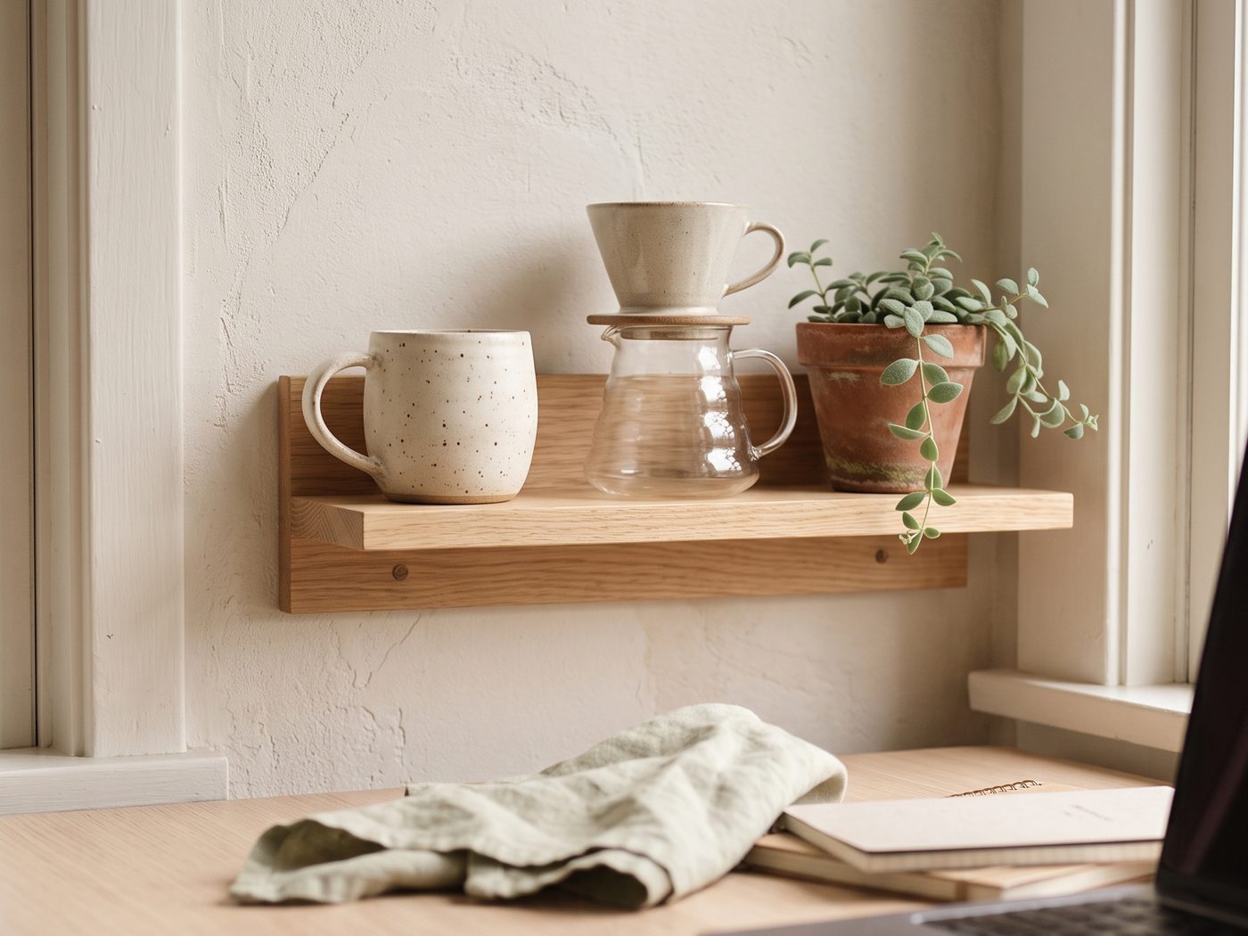 A small wooden shelf on a wall above a desk, holding a speckled mug, a ceramic dripper on a glass server and a small plant, with a linen cloth on the desk.