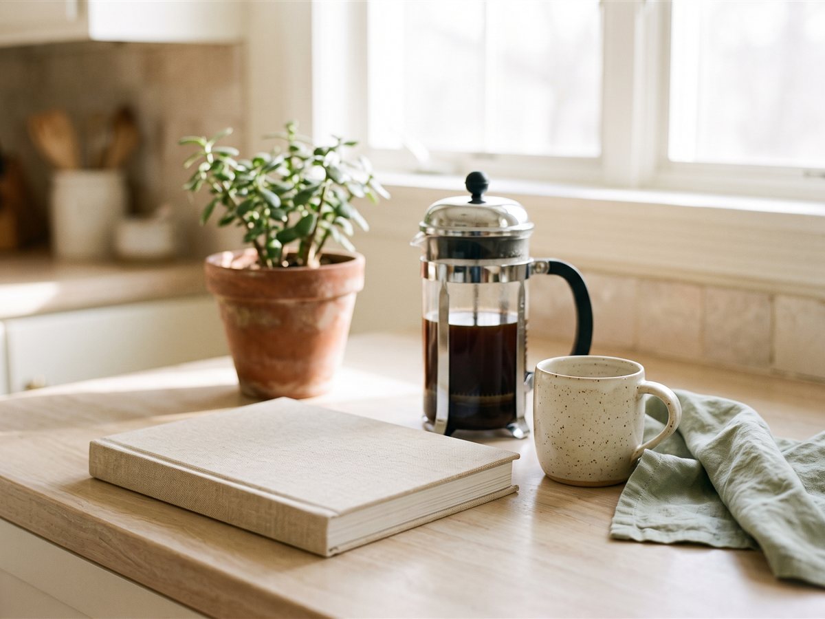 A closed book with a beige cloth cover on a kitchen counter next to a French press of coffee, a speckled mug and a potted plant.