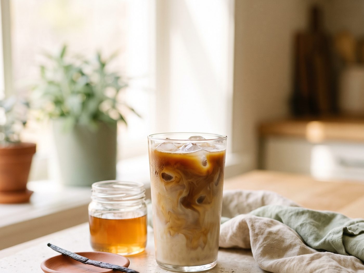 A tall glass of iced latte with milk swirling into coffee over ice, beside a small jar of syrup and a vanilla pod on a linen cloth.