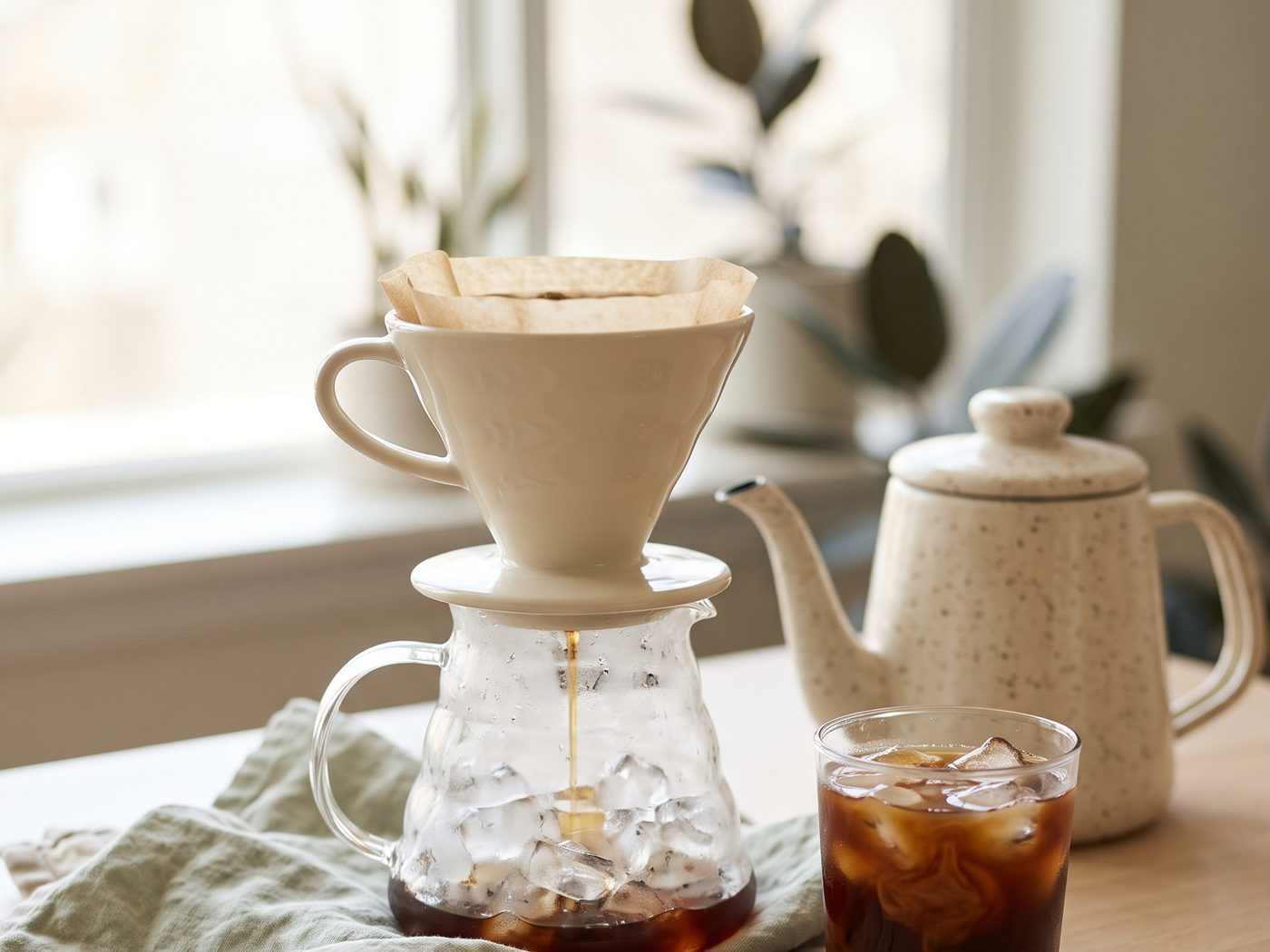 A glass server full of ice with fresh coffee dripping into it from a ceramic pour-over dripper, a speckled kettle behind and a glass of iced coffee beside it.