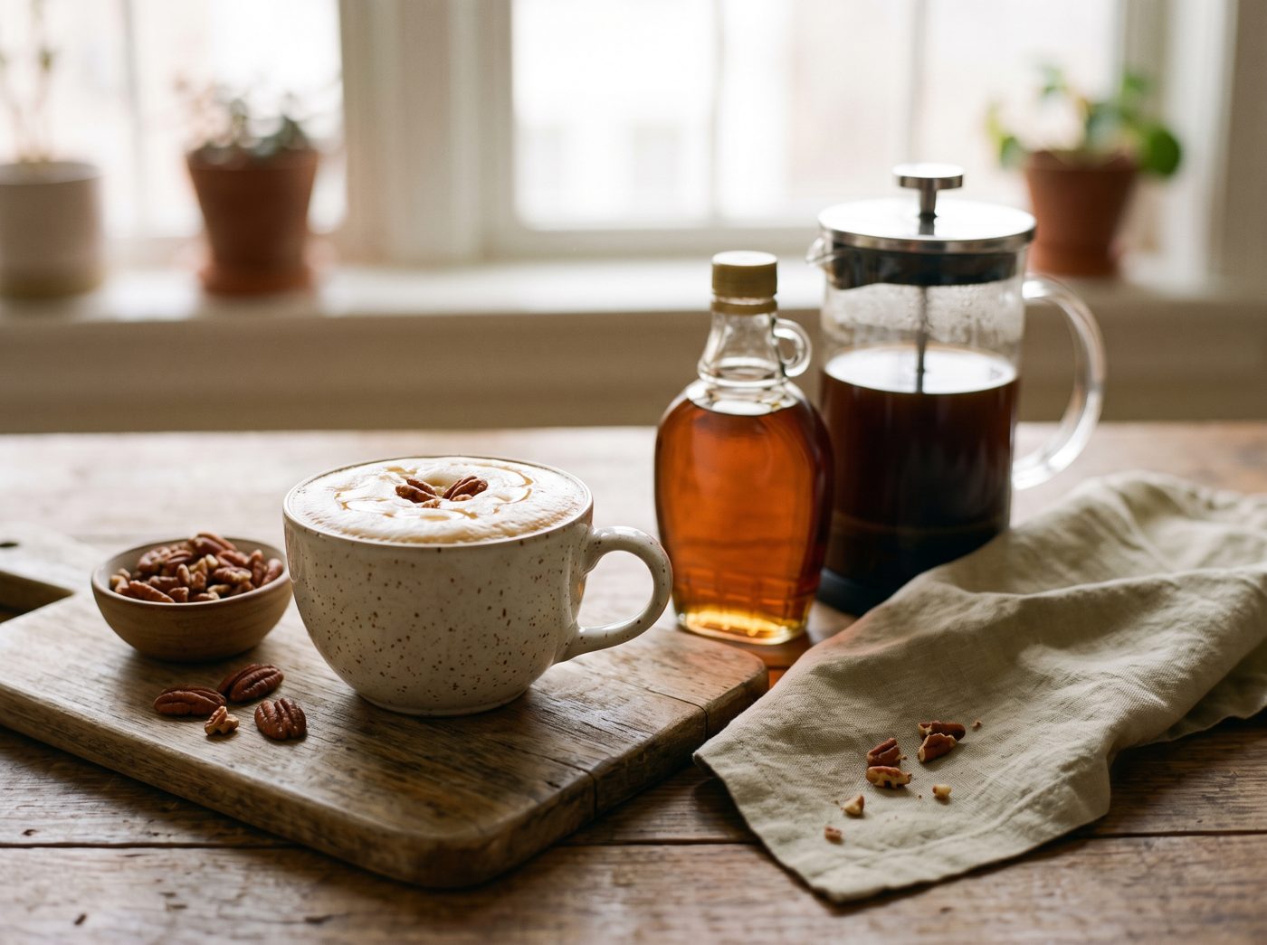 A speckled mug of maple pecan latte topped with pecans and maple drizzle beside a French press, a bottle of maple syrup and a bowl of pecans.