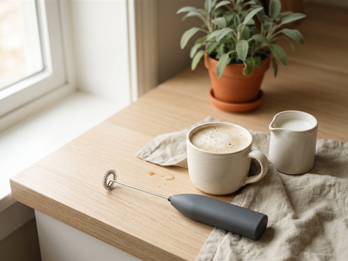 A gray handheld milk frother lying on a wooden counter next to a cream mug of foamy coffee and a small white milk jug.