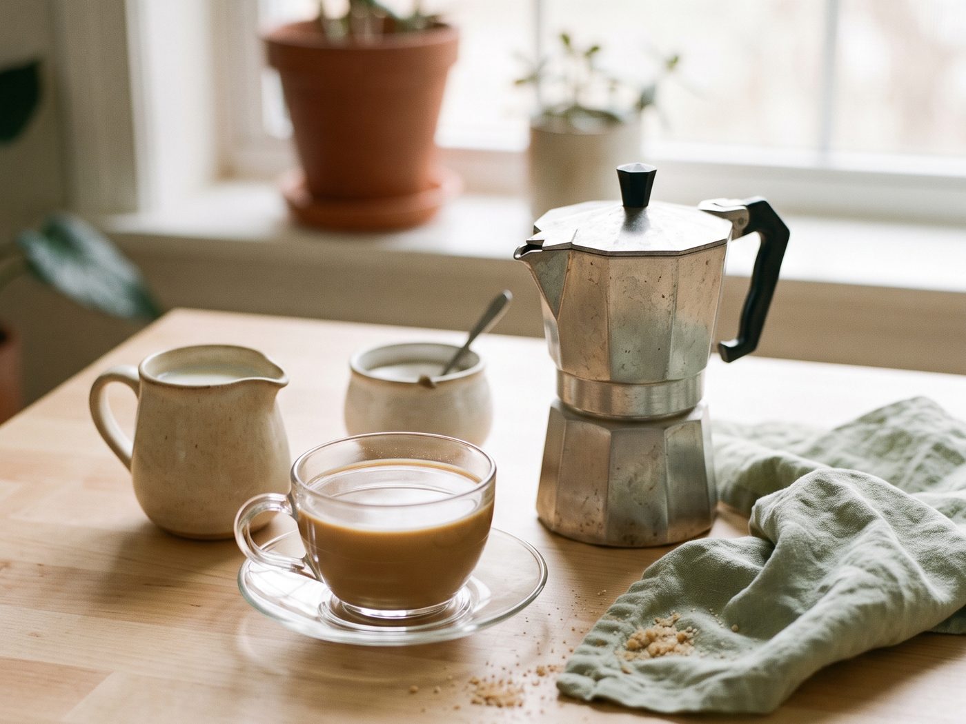 A clear glass cup of milky coffee on a saucer beside a small milk pitcher, a sugar bowl with a spoon and an aluminum moka pot on a wooden counter.
