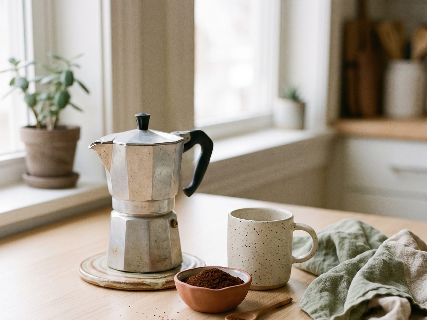A stovetop moka pot on a ceramic trivet beside a speckled mug and a small bowl of ground coffee on a wooden counter by a window.