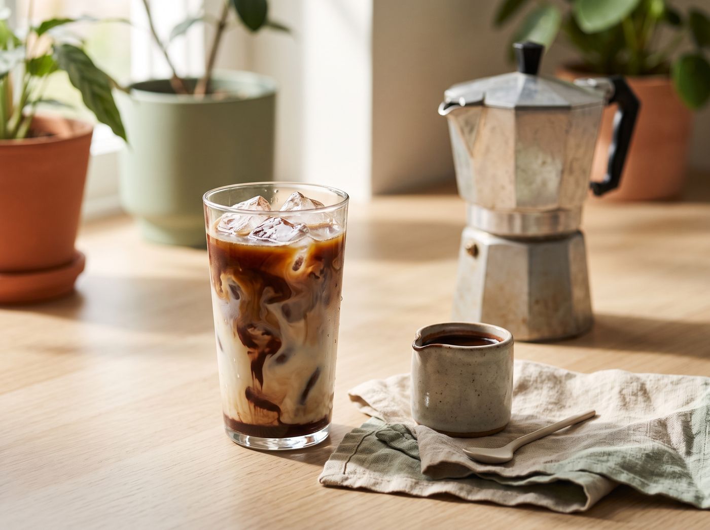 A tall glass of iced mocha with swirls of chocolate syrup, coffee and milk over ice, beside a small pitcher of cocoa syrup and a moka pot.