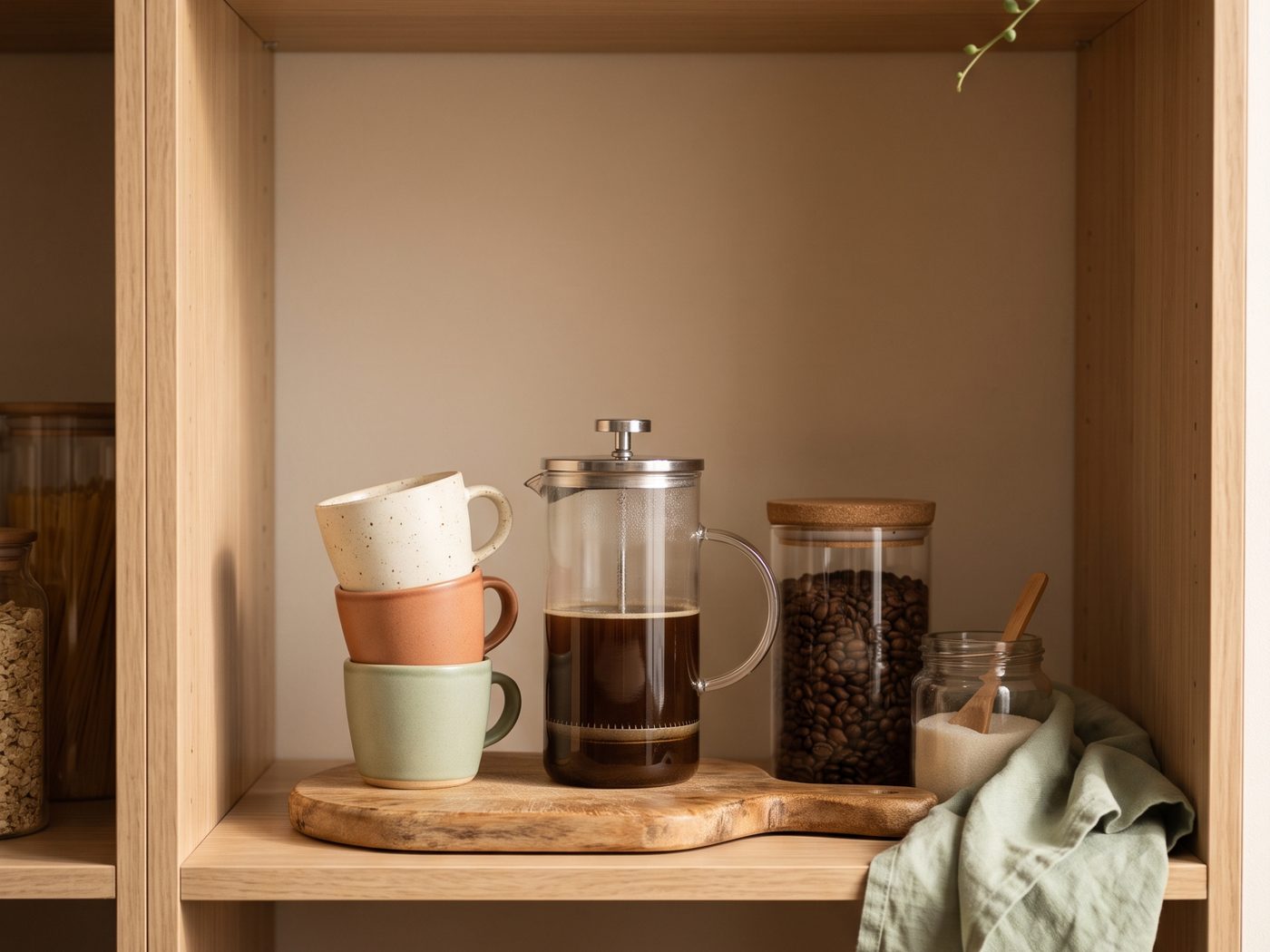 A wooden pantry shelf set up as a coffee nook with a French press of coffee, stacked mugs, a jar of beans and a small jar of sugar on a wooden board.
