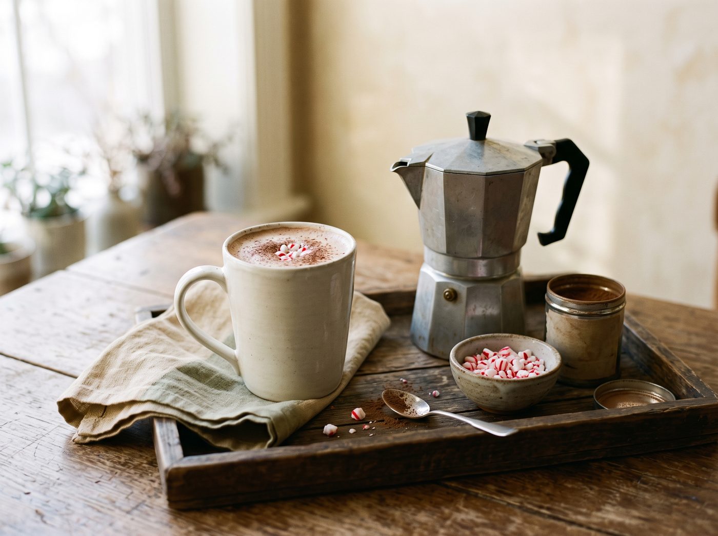 A mug of peppermint mocha topped with cocoa and crushed peppermint candy on a wooden tray beside a moka pot, a bowl of candies and a tin of cocoa powder.