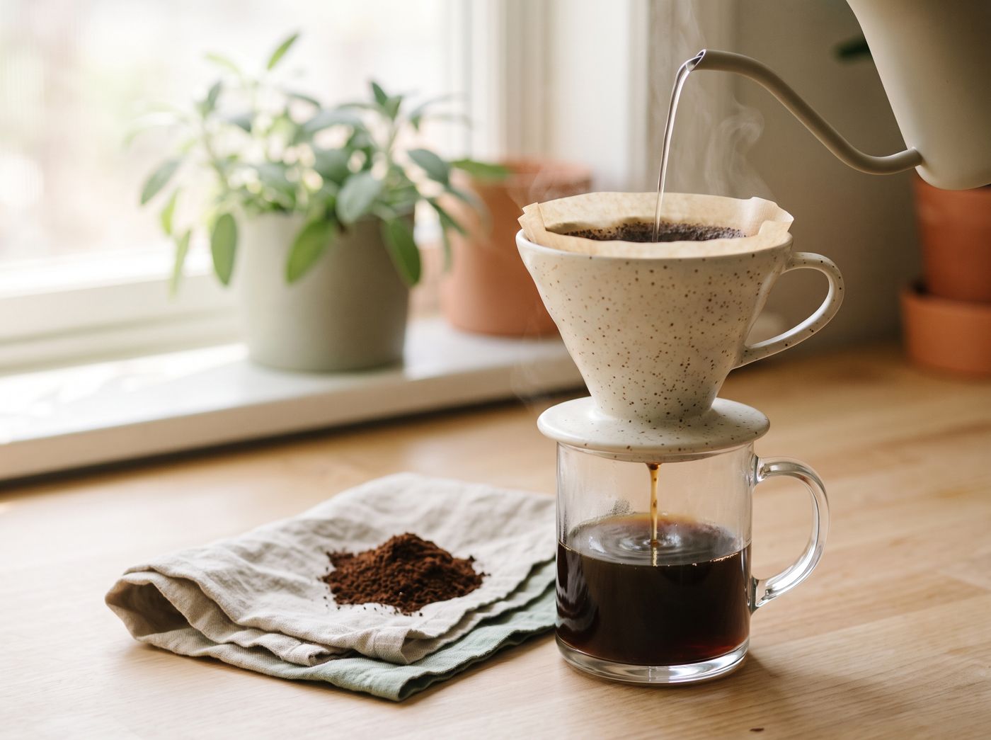 A kettle pouring a thin stream of hot water over a speckled ceramic cone dripper with a paper filter, coffee dripping into a glass mug beside a pile of ground coffee on a linen napkin.
