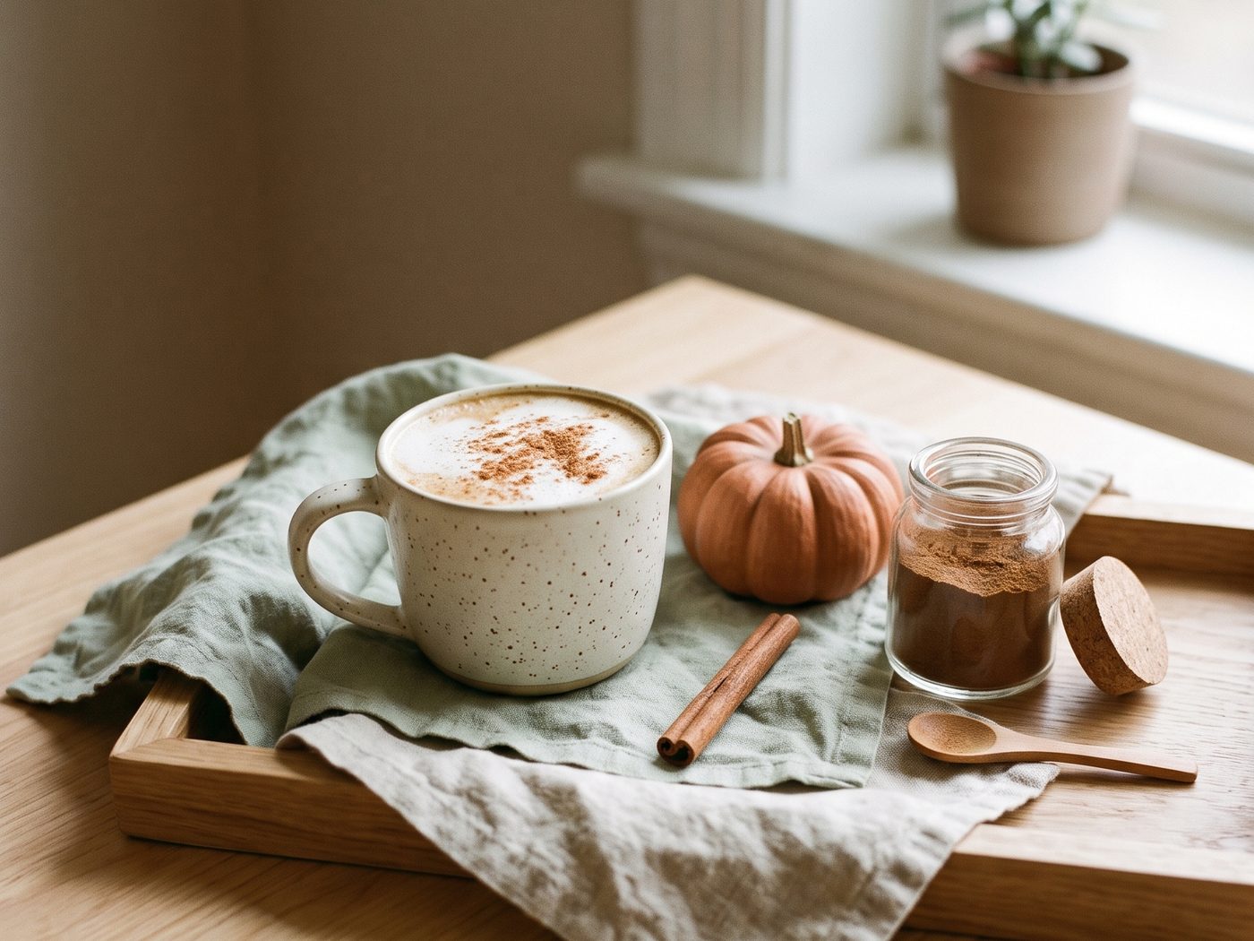 A mug of foamy latte dusted with cinnamon beside a small pumpkin, a jar of spice, a cinnamon stick and a wooden spoon on a linen cloth and wooden tray.