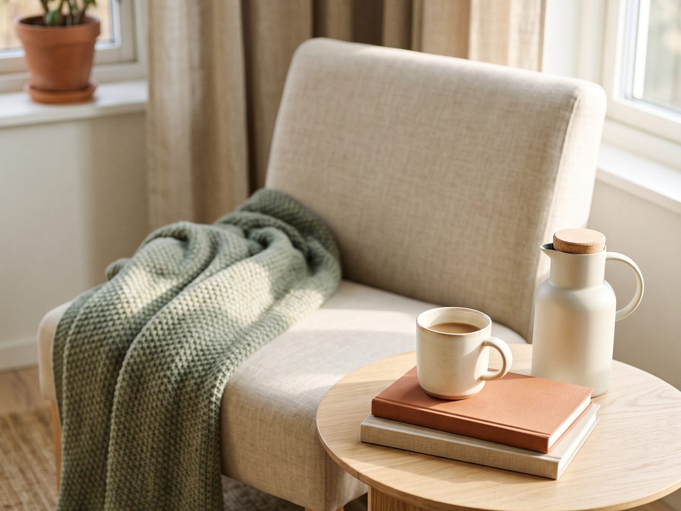 A cream armchair with a green knitted throw, and a small round side table holding a mug of coffee, a stack of books and a white insulated carafe.