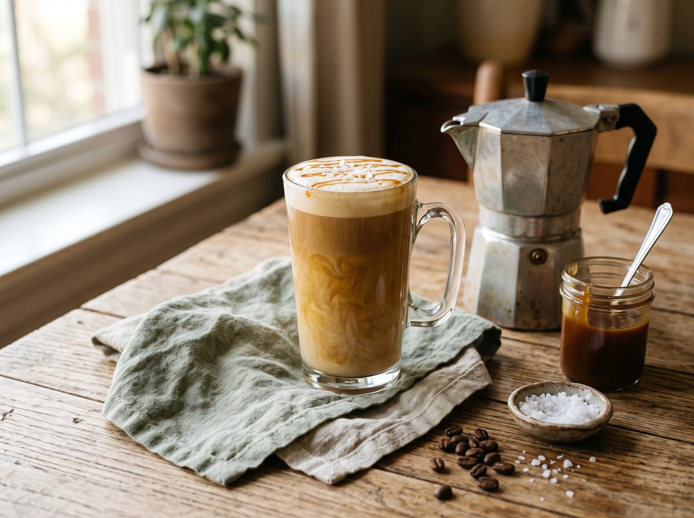 A tall glass of salted caramel latte with caramel drizzle and flaky salt on the foam, beside a moka pot, a jar of caramel sauce and a bowl of sea salt.