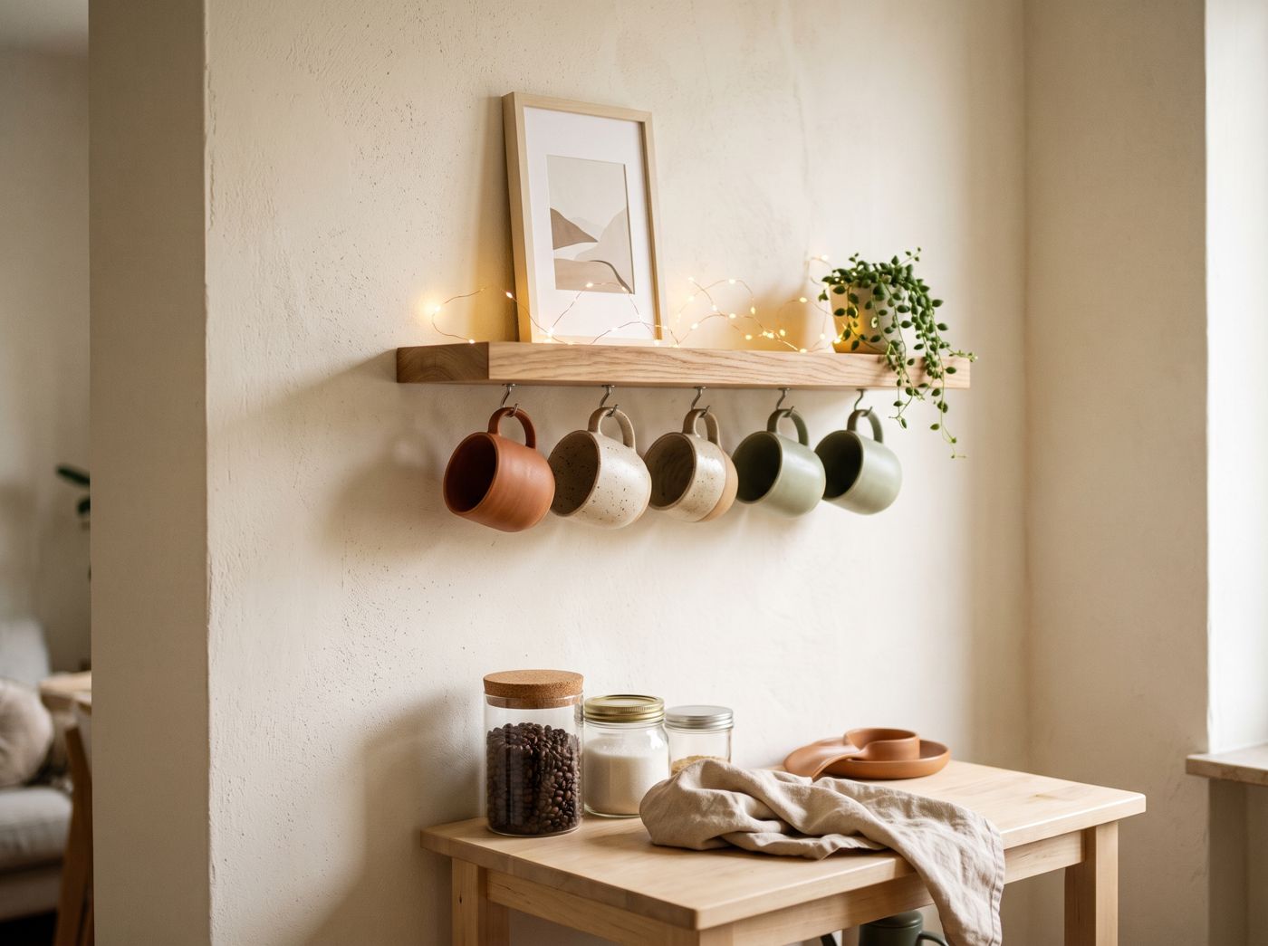 A wall shelf with five mugs hanging from hooks, a framed print and fairy lights, above a small table with a jar of beans.