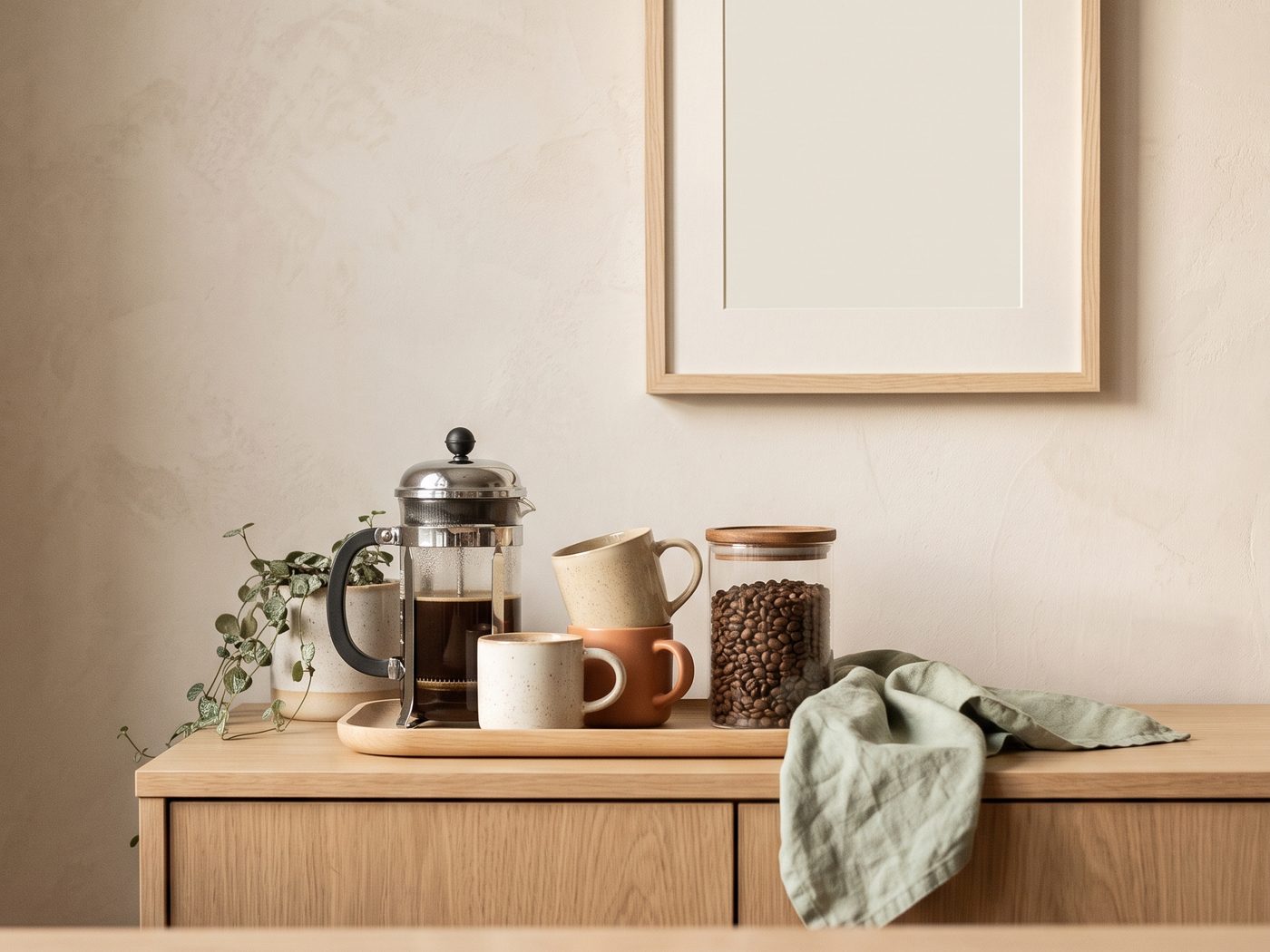 A low wooden sideboard with a tray holding a French press, a few mugs and a jar of beans, a linen napkin beside it and a blank framed print on the wall above.