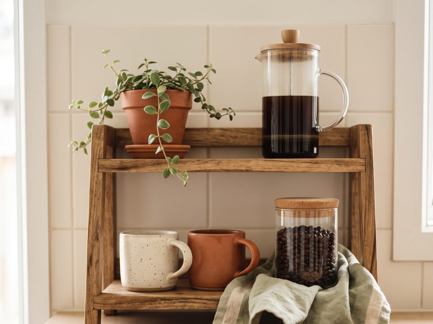 A two-tier rustic wooden stand on a kitchen counter with a glass French press of coffee and a plant on top, and mugs and a jar of beans below, with a linen cloth and a wooden scoop.