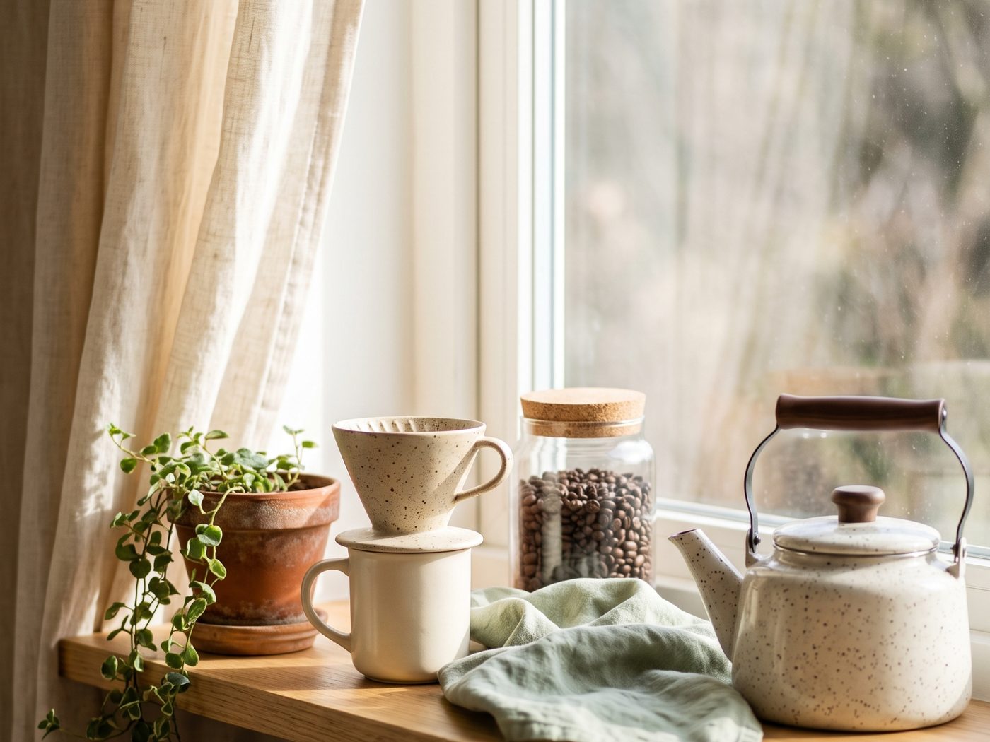 A sunny window sill with a ceramic pour-over dripper on a mug, a glass jar of beans, a speckled kettle and a small trailing plant, with a linen cloth and curtain.