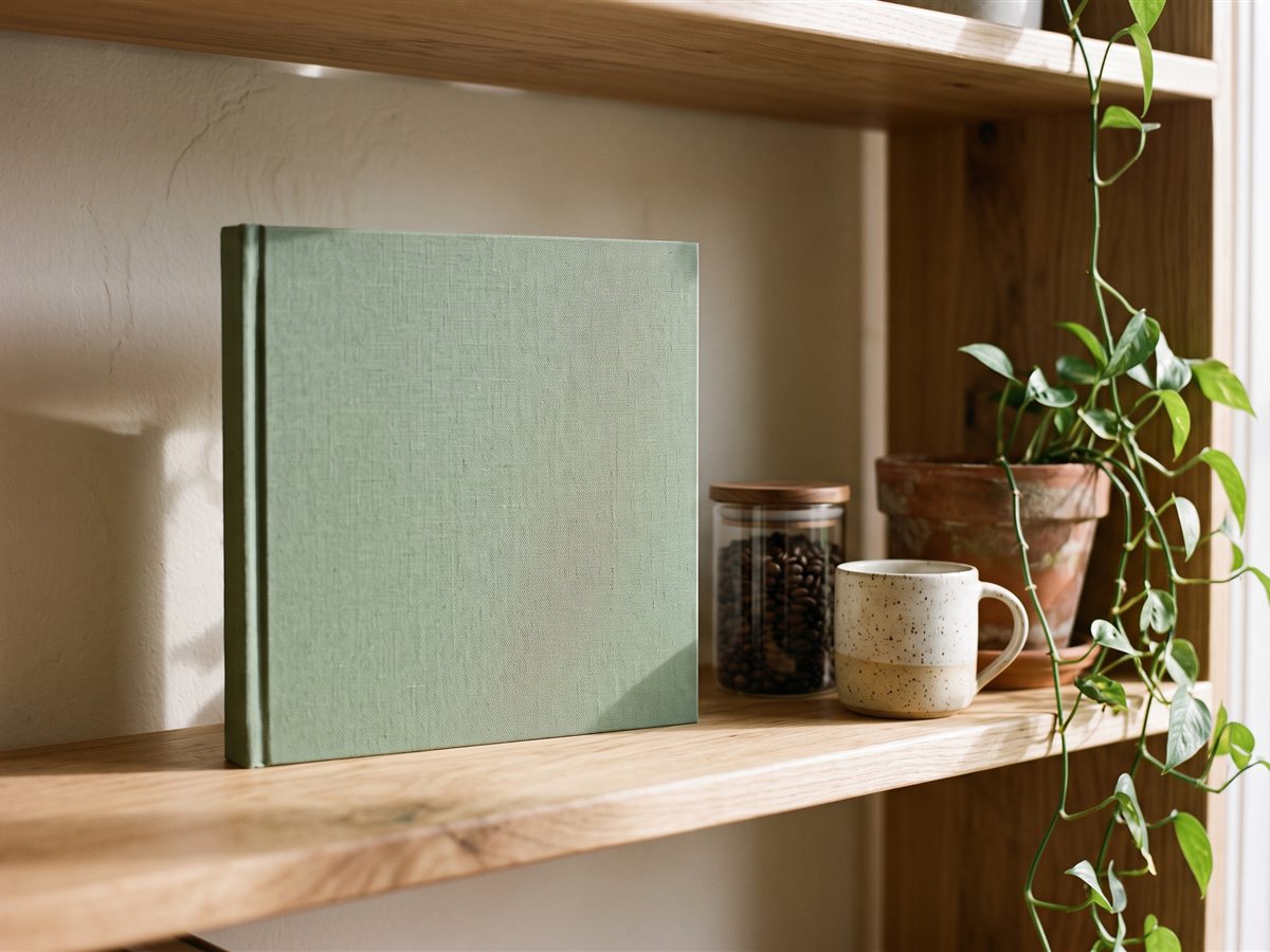 A book with a sage-green cloth cover standing upright on a wooden shelf next to a glass jar of coffee beans, a speckled mug and a trailing plant.